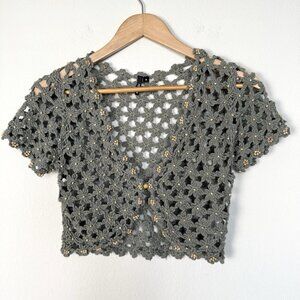 Sage Green Crotchet Beaded Crop Top Womens Size Small Festival Boho Coastal Gran